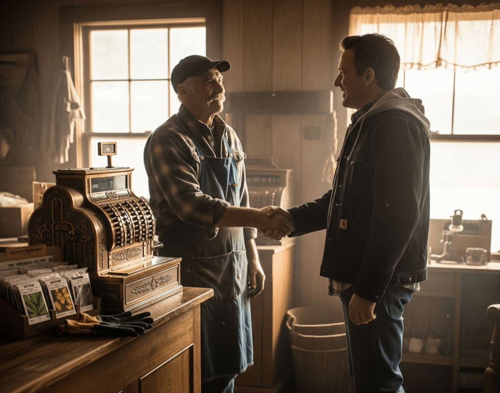 Photo of a Country Storekeeper shaking hands with a customer