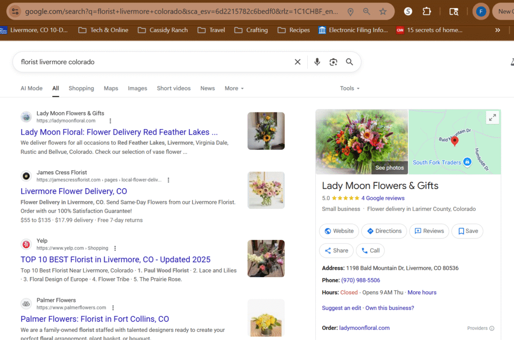 Screenshot Showing Google Business Listing and #1 Organic Search Rank for Website Developed by Rural Mountain Media