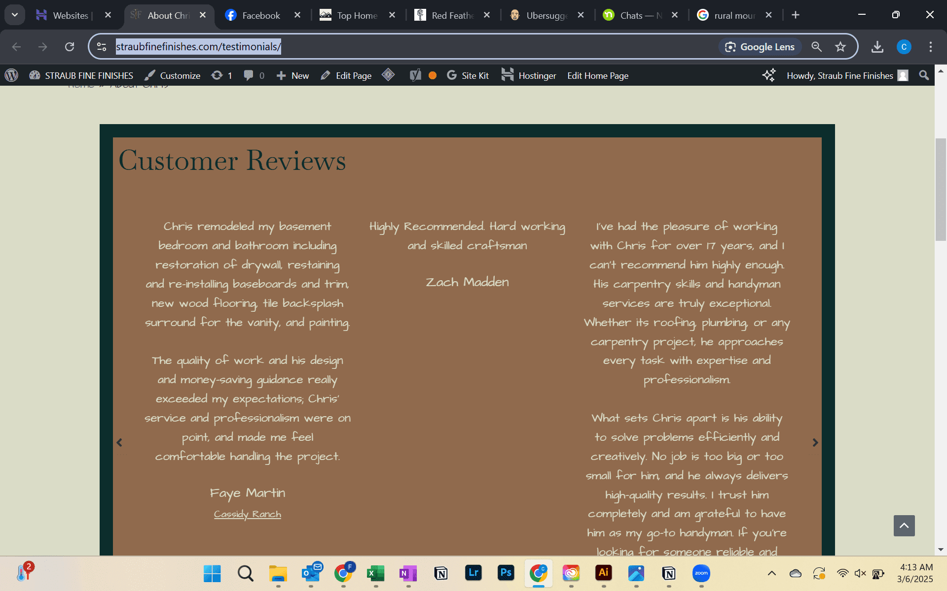 Customer reviews page for Straub Fine Finishes, built by Rural Mountain Media
