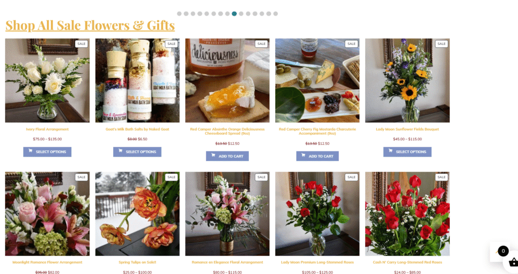 Online flower shop sale page with bouquets and gifts