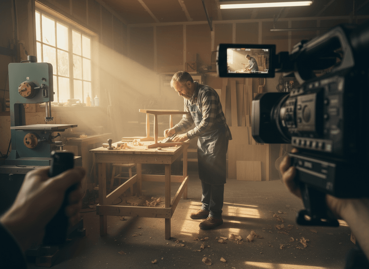 Carpenter woodworking in sunlit workshop being filmed