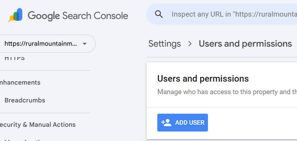 Google Search Console Users and Permissions settings page