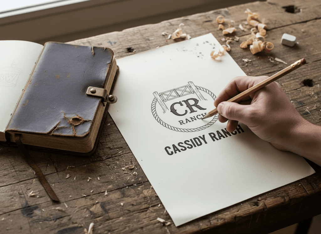 Hand sketching ranch logo on rustic desk