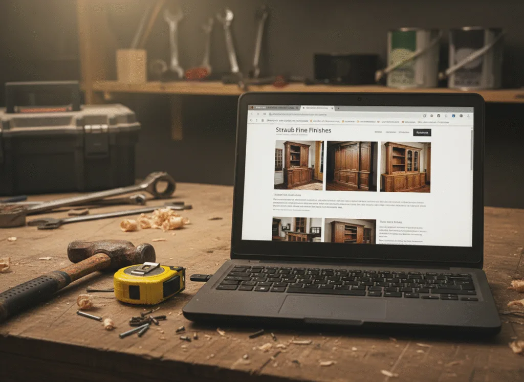 Laptop on woodworking bench with tools and shavings