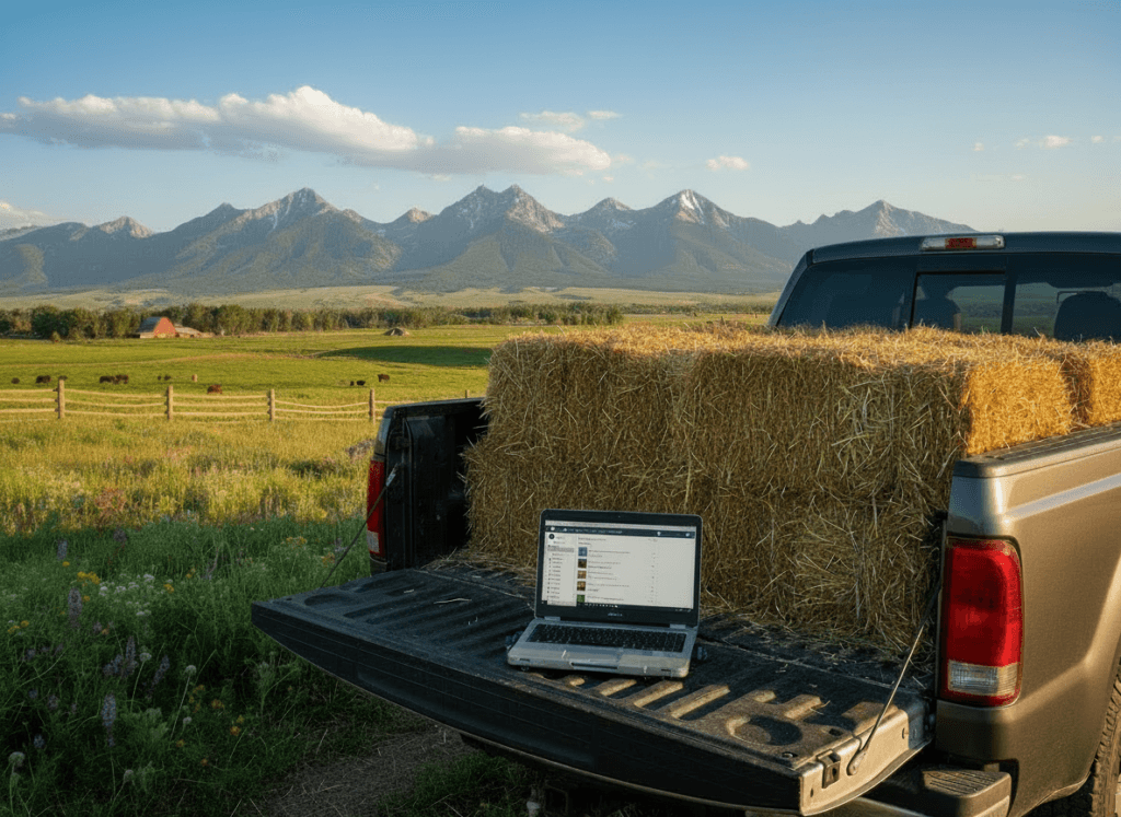 photo of a laptop with a wordpress website builder screen sitting on the tailgate of a Ford Truck, with a Colorado ranch backdrop.