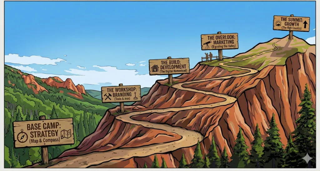 Mountain path with strategic development signs depicting the path to digital growth for rural small businesses