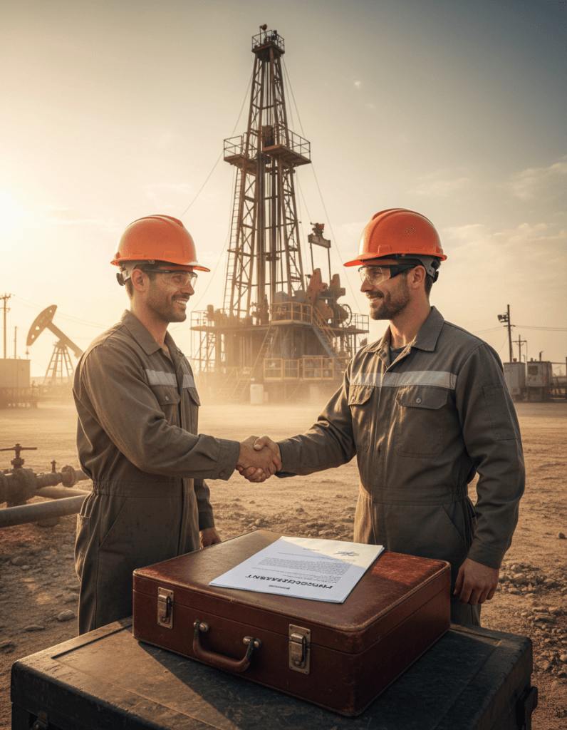 Oil Rig photo shot of two men in hard hats near an oil well with drilling equipment, shaking hands over a briefcase that's laying on it's side. On the briefcase, the viewer can indirectly see a signed contract that reads, "Purchase Agreement". The visual illustrates the concept of a high-value website traffic conversion