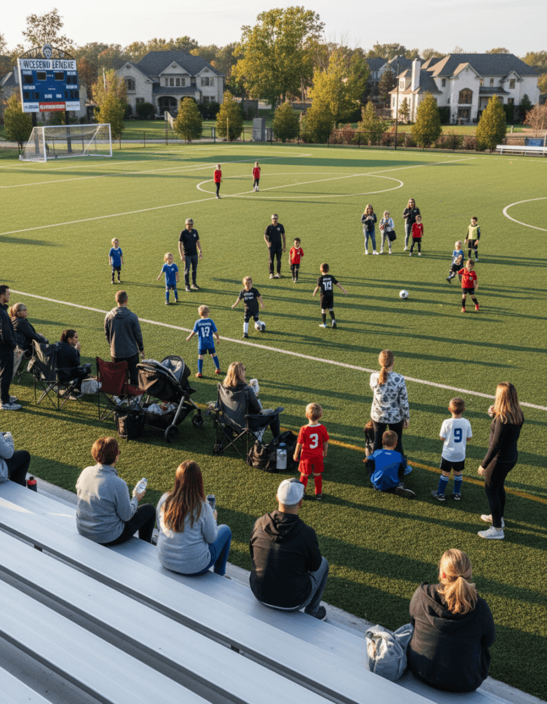 weekend soccer practice Children playing soccer game with spectators watching. The image illustrates the concept of identification of a specific target audience, in this case, middle class families with sports interests.
