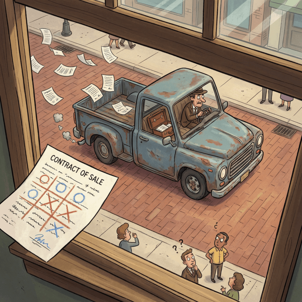 beatup attorney cartoon graphic that depicts an attorney driving a beat-up old pickup truck. The view should be from a window above and to the side of the pickup. The viewer can see the attorney's leather briefcase open with papers flying all over the downtown street he's driving through. One of the flying papers is close enough for the viewer to see a scribbled drawing of a tic tac toe game drawn over legal contracts.