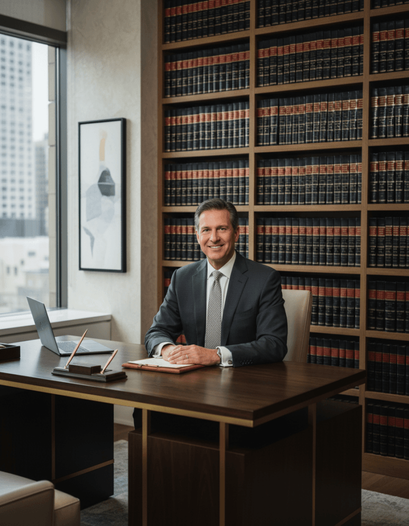 polished attorney business portrait of James Johnson, Attorney at Law sitting at a modern desk with gilded law volumes (a law library) on bookshelves behind him in his luxury office. Attorney Johnson looks highly polished and professional, smiling at the camera.
