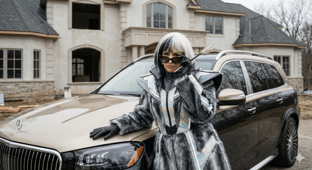 Cruella Deville 2026 photo of an ultra-Stylish middle-aged woman beside luxury SUV near mansion demonstrating the need for businesses to define their target audience.