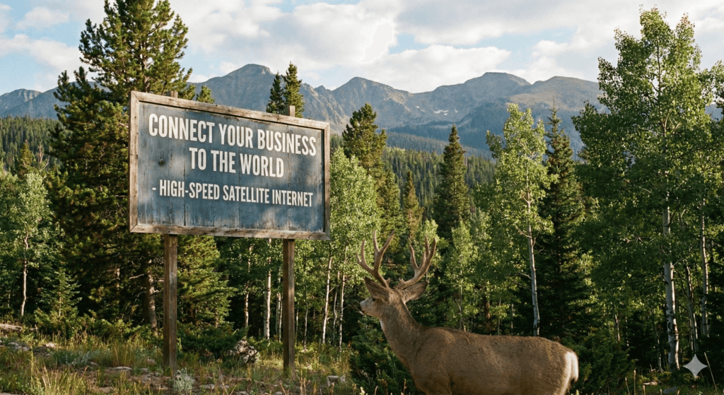 mule deer billboard photo of a billboard with the wording "connecting your business to the world" in a Colorado mountain forest setting with a mule deer looking on and no other signs of life or roads