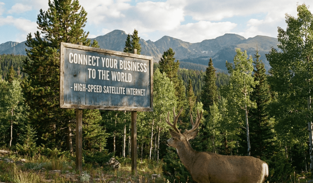 photo of a billboard with the wording "connecting your business to the world" in a Colorado mountain forest setting with a mule deer looking on and no other signs of life or roads