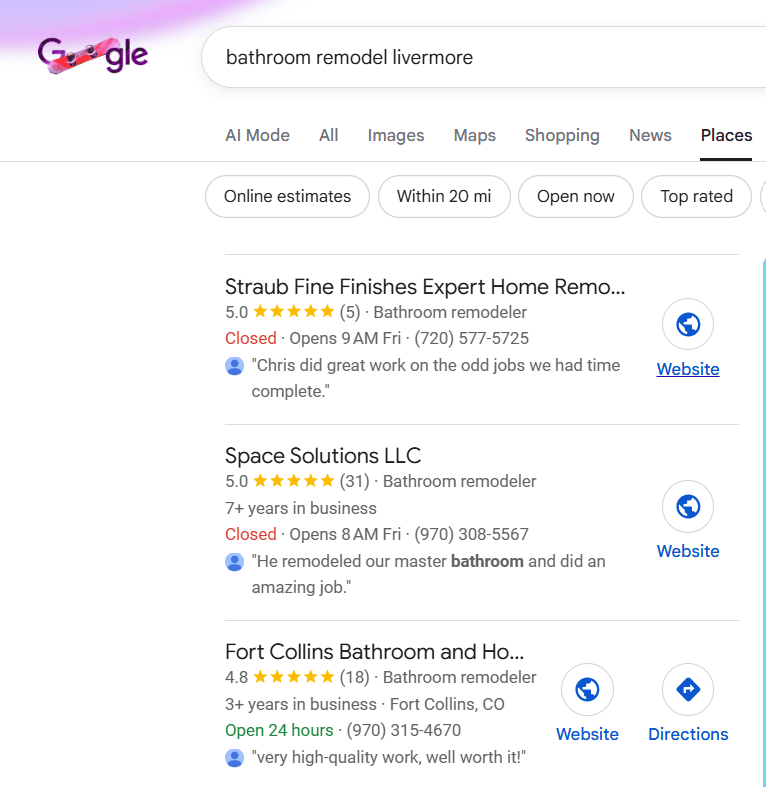 Local Google search results for bathroom remodel in Livermore showing Straub Fine Finishes ranking at the top