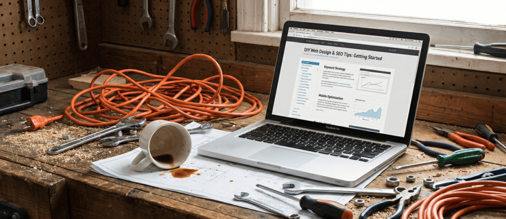 Laptop of SEO tips on a cluttered workbench — the DIY marketing trap