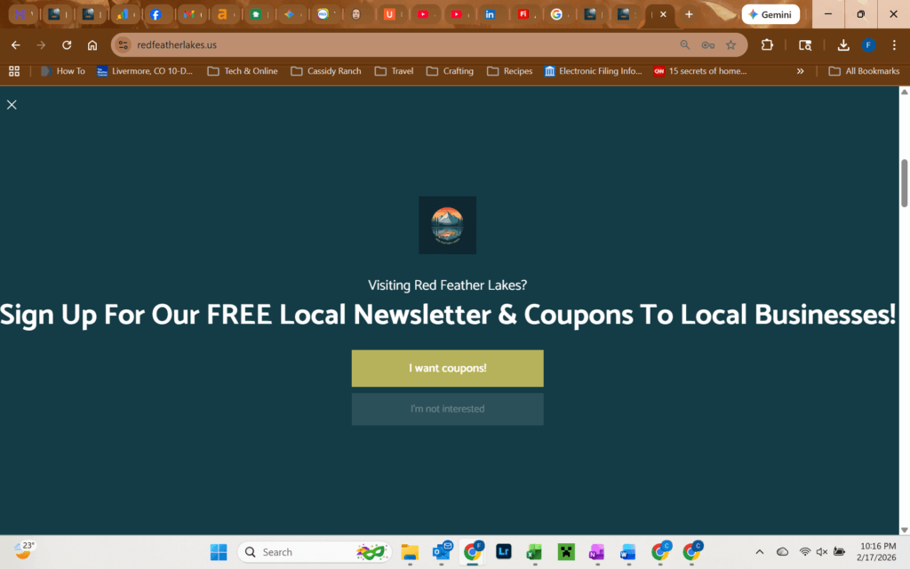 Screenshot (194) Red Feather Lakes newsletter and coupon signup email subscription prompt