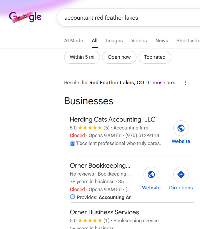 Google search results for accountants in Red Feather Lakes.