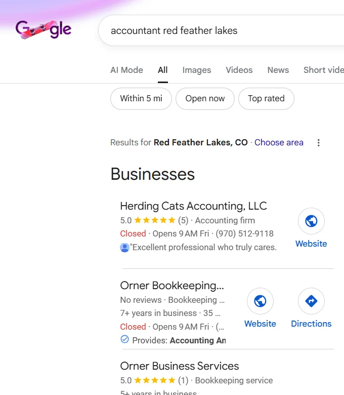 Google search results for accountants in Red Feather Lakes.