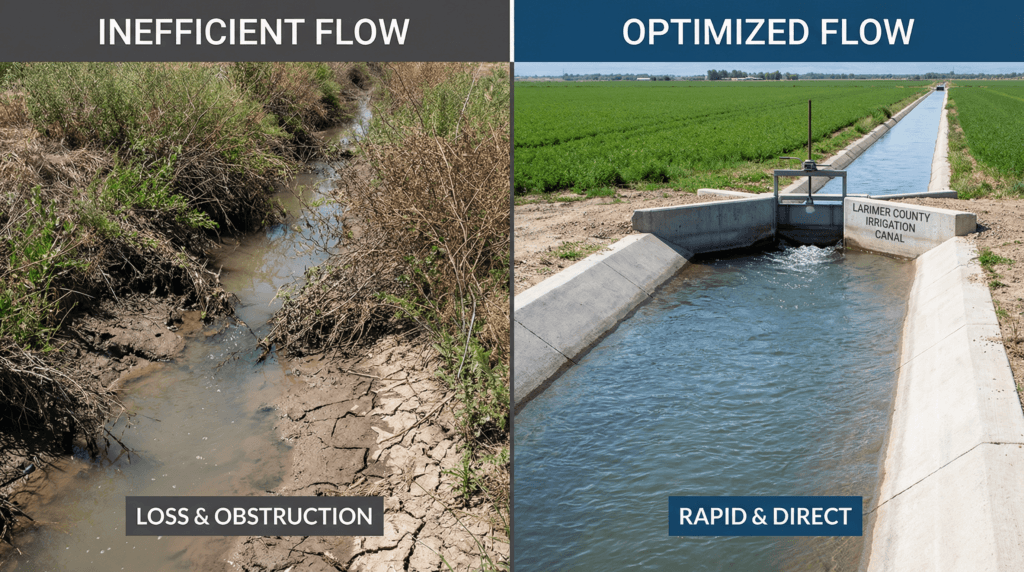 Firefly_GeminiFlash_Please create a split graphic image to illustrate clean flow of website traffic. The 587035 Comparison of inefficient and optimized water flow systems