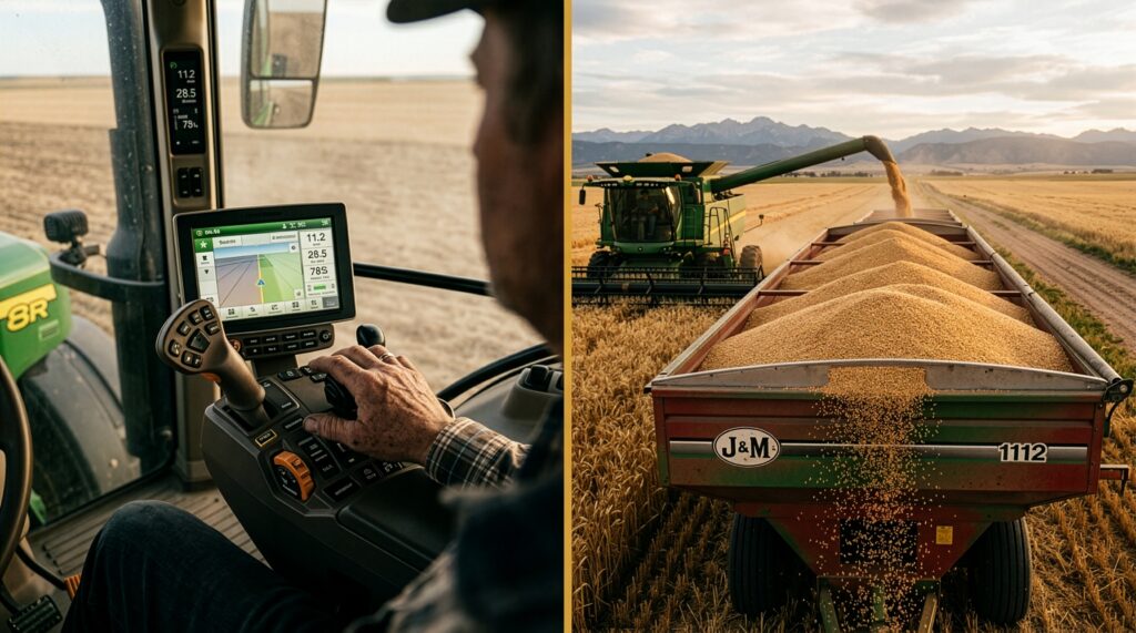 Split graphic comparing a comfortable John Deere tractor cab (UX) with an overflowing grain cart (CRO)