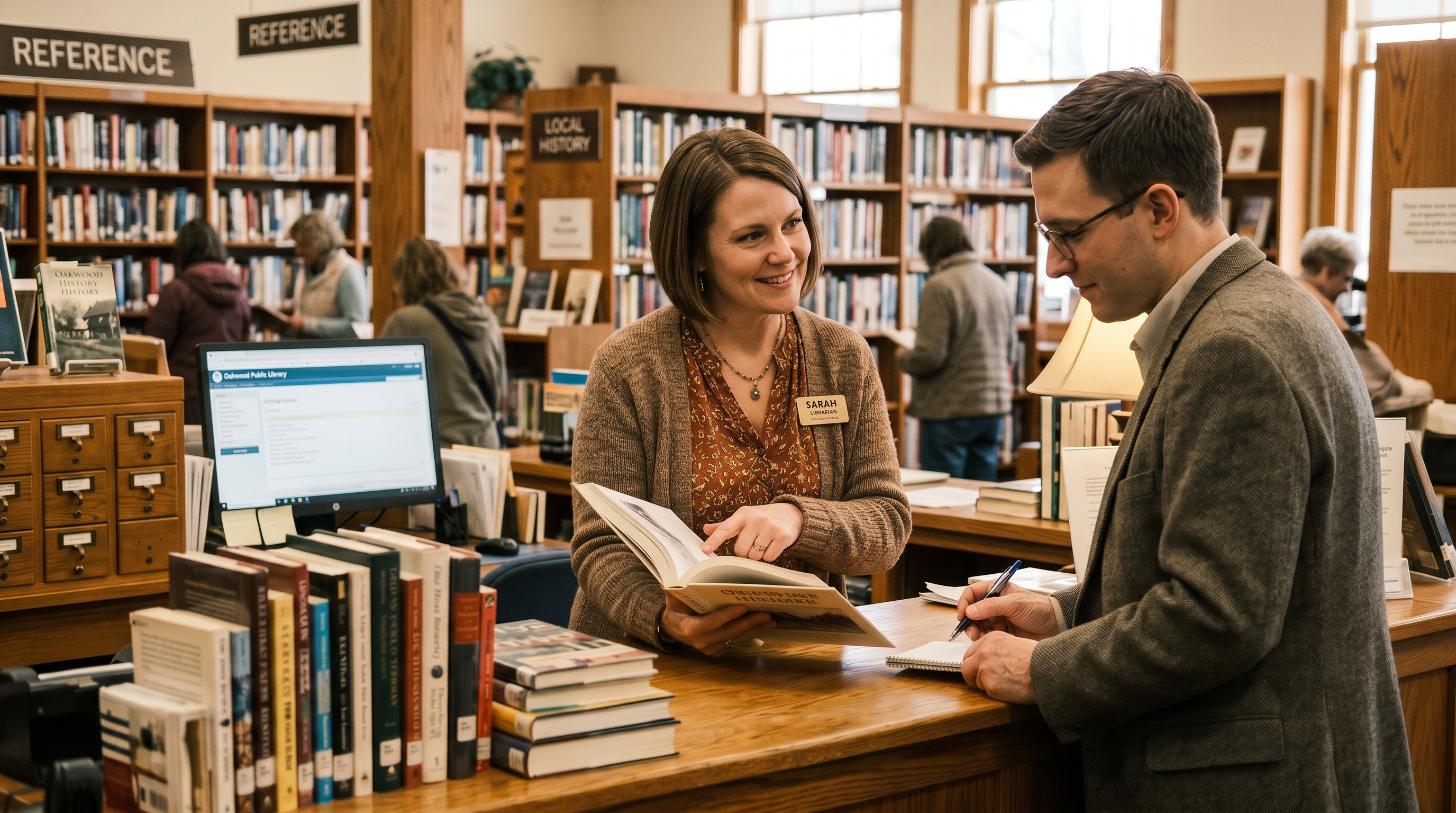 Librarian at a reference desk illustrating answer engine optimization (AEO)