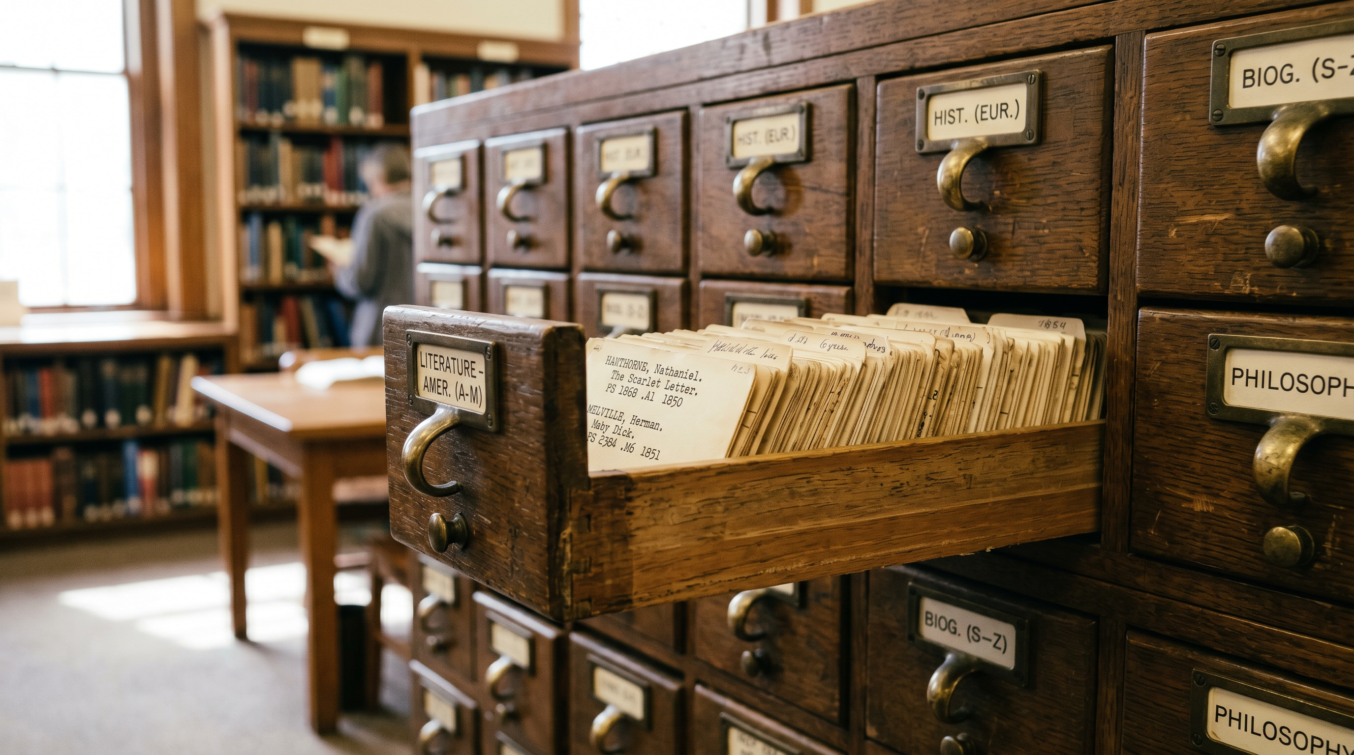 Library card-catalog drawers illustrating SEO (search engine optimization)